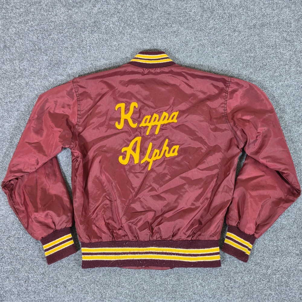 Vintage Kappa Alpha Fraternity Varsity Bomber Jacket Mens Small Maroon Flaw